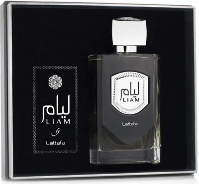 A gift set of Lattafa Liam Eau de Parfum for men and women, presented in a black box.