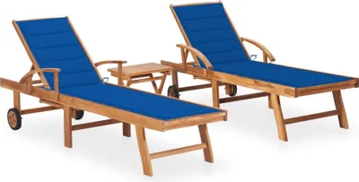 Produktbild von Sonnenliegen 2 Stk. mit Tisch und Auflagen Massivholz Teak