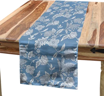 Immagine prodotto di ABAKUHAUS Runner da tavola blu e bianco, illustrazione artistica con motivo floreale in stile vintage, 40 x 225 cm, blu e bianco