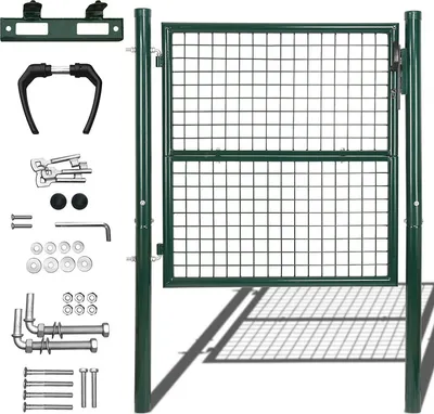 A dark green metal garden gate with its hardware laid out next to it on a white background.