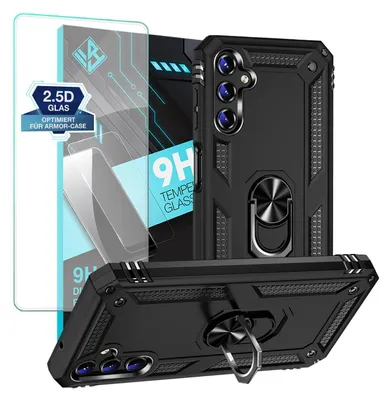 A product shot of a black phone case and screen protector, with marketing text and graphics.