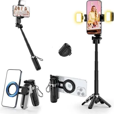 Produktbild von Mini-Stativ für Selfies mit 2 ausklappbaren Lichtern, 3-in-1-Reisestativ mit 360° Drehung und abnehmbarer Bluetooth-Fernbedienung für Smartphones