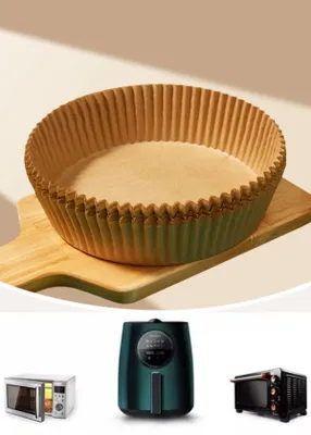 Produktbild von Runde Backpapier-Einsätze für Heißluftfritteusen – 100 Stück, 16 cm Durchmesser, hitzebeständig und antihaftbeschichtet