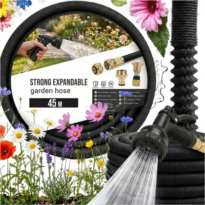 Obrázek produktu pro Zahradní Hadice, Roztažitelná Hadice, Sada 8 V 1 S Pistolí, Spojkami A Hákem, Černá, 45 M