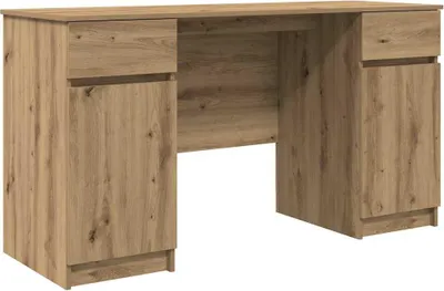 A front view of a wooden desk with drawers and cabinets against a white background.