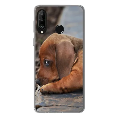 Produktbild von MuchoWow® Handyhülle Schutzhülle Hülle für Huawei P30 Lite Dackelwelpe liegt am Rande des Bürgersteigs Silikon Softcase Handy Hülle - Handyhülle