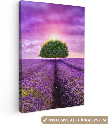Produktbild von MuchoWow® - Leinwandbilder - Lavendel - Baum - Lila - Wolken, Wandbild, Wanddeko Bilder Wohnzimmer, 80x120cm