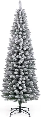 A full shot of a flocked artificial Christmas tree on a white background.