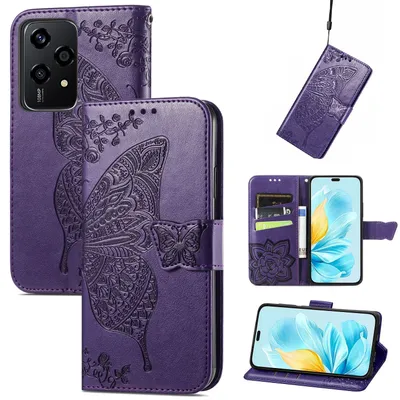Produktbild von Für Honor 200 Lite Kunstleder Wallet Handy Tasche Schmetterling Design Hülle Etuis Lila