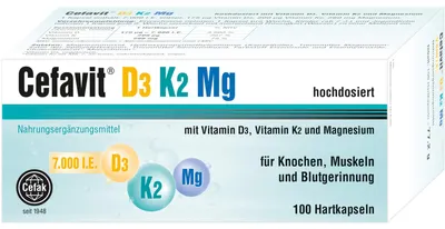 Produktbild von Cefavit D3 K2 Mg 7,000 I.E. Kapseln für Knochen und Muskeln, 100 St. Kapseln