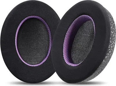 Two black and purple ear pads for headphones are shown against a white background.