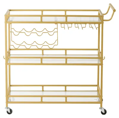 Produktbild von SucceBuy Barwagen mit 3 Ebenen, Servierwagen mit Glashalter, Weinregal und Griff, Rollwagen für Wohnzimmer, Esszimmer und Küche, Küchenwagen in Goldfarben 880 x 380 x 890 mm