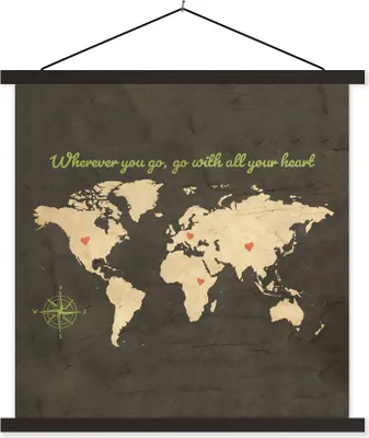 Produktbild von MuchoWow® Textilposter Weltkarte - Liebe - Vintage 90x90 cm mit schwarzem Rahmen - Magnetisches