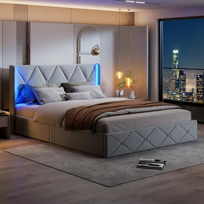 Immagine prodotto di Letto matrimoniale con boxspring 140x200, con testiera LED, letto imbottito con contenitore, letto per ragazzi con sistema idraulico e rete a doghe, in flanella, colore grigio
