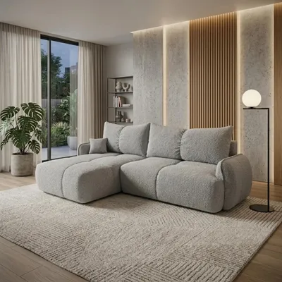 Produktbild von Ecksofa mit Schlaffunktion LOBINO DL-Automat, L-Form, weiche Polsterung, gesteppte Kissen, Bettkasten Bouclé-Schlafsofa Hellgrau Links