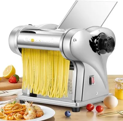 Produktbild von CGoldenwall Elektrische Nudelmaschine, frischer, rostfreier Stahl, Rollstift mit 2 Klingen mit 1,5 mm rund, 4 flach und 6 einstellbare Dicken für Past