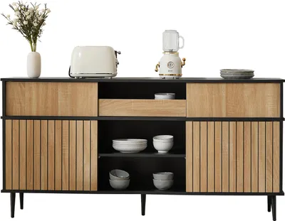 Produktbild von Kommode,160x40x80cm,Sideboard mit 4 Schiebetüren und 1 Schublade, Eiche kombiniert mit Schwarz