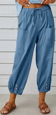 Produktbild von ASKSA Damen 7/8 Länge Hose Weitem Bein Freizeithose Leicht Sommerhose Casual Leinenhose, Blau, XXL