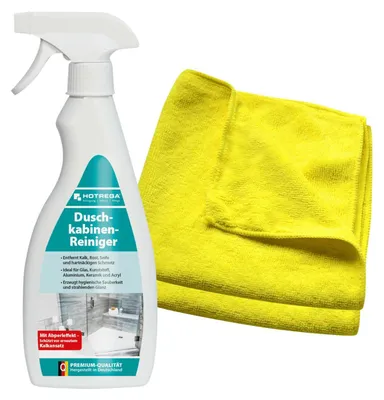 Produktbild von HOTREGA Duschkabinen Reiniger 500 ml inkl. 2 Microfasertücher, Glasreiniger, Keramik, Kunststoff