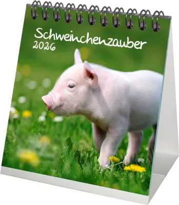 Produktbild von Schweinchenzauber Tischkalender 10cm x 10cm für 2026 Schwein Schweinchen - Set-Inhalt: 1x Kalender 1x Weihnachtsanhänger 1x Grußanhänger (gesamt 3 Teile)