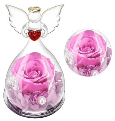 Ewige Rose in Glaskuppel mit Engelsfigur, handgefertigt, 14,5 cm