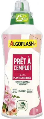 Imagen del producto de ALGOFLASH, fertilizante líquido para plantas con flores, listo para usar, 1 litro, apto para interior y exterior, con tapa dosificadora integrada