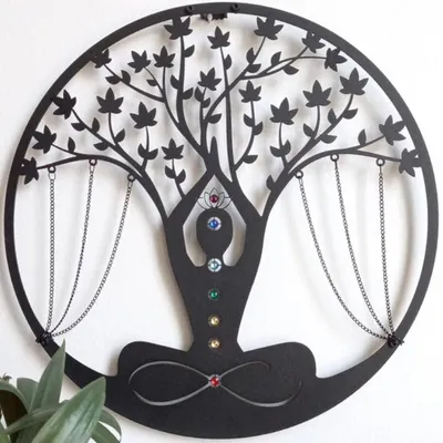 Produktbild von Chakra-Lebensbaum – Meditationsdekoration aus schwarzem Metall, 7 Steine/Kristalle, Eingangsbereich
