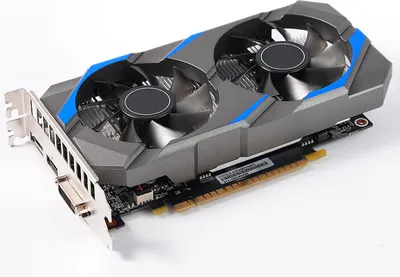 A computer graphics card with two fans is shown on a white background.
