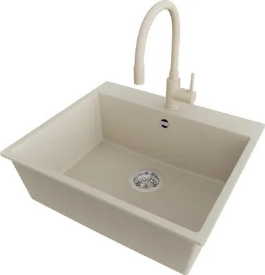 Produktbild von PRIMAGRAN Granitspüle Beige 58x50cm, Spülbecken 1 Becken + Küchenarmatur 38x14cm + Ablauf-Set, Küchenspüle ab 60er Unterschrank - Riga