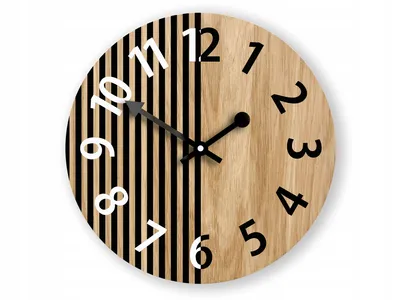 A round wooden clock with black vertical stripes and white numbers.