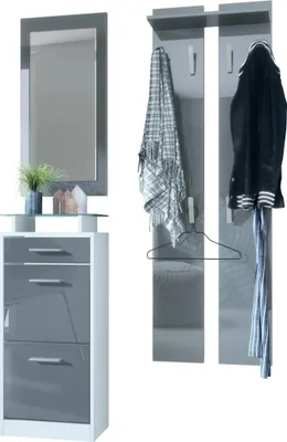 Produktbild von Vladon Garderobenset Garderobe Loret V2 Mini, Korpus in Weiß matt / Front in Grau Hochglanz