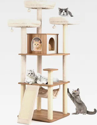 Produktbild von 168 cm Kratzbaum Holz, mehrstöckiger Katzenkratzbaum Groß, Katzen Katzenbaum mit Höhle, Leiter, Matten, Bällen & Hängematte, Aktivitätsbaum Katzenmöbel Spielhaus Kletterbaum, Beige+Natur