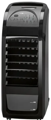 A black air cooler with control buttons at the top and vents in the middle.