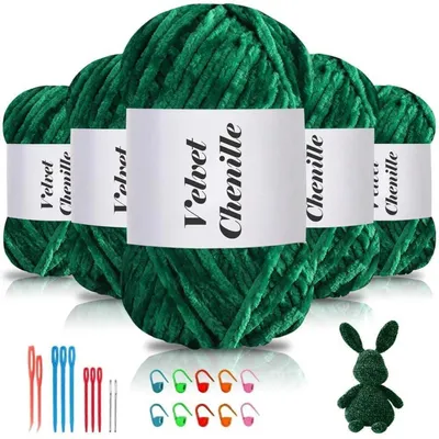 Obrázek produktu pro Sametová příze Chenille, 500g (5 x 100g), velmi měkká, vhodná pro pletení a háčkování, barva: sytě zelená