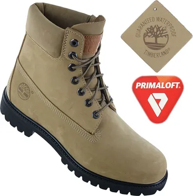 A single Timberland boot is shown against a white background, with two informational tags.