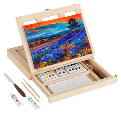 Produktbild von Relaxdays Tischstaffelei Holz, 19-tlg., mit Leinwand, Pinsel, Acrylfarben & Malspachtel, verstellbar, natur