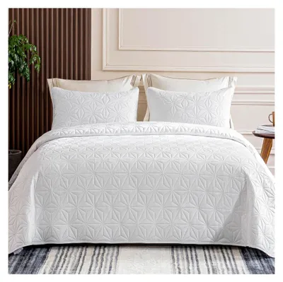 Produktbild von Tagesdecke Bettüberwurf 220x240 cm Bedspread mit 2 Kissenbezüge, Weiche und Leichte Steppdecke mit Geometrischem Muster für 4 Jahreszeiten, Weiß