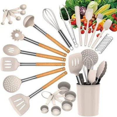 Produktbild von Ibenzoa® 33‑teiliges Silikon-Küchenutensilien-Set mit Akazienholzgriffen, hitzebeständig bis 240 °C, nylonverstärkt, kratzschonend