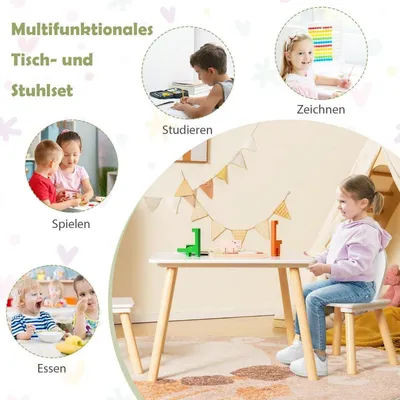 Produktbild von Kindertisch mit 2 Stühlen 3TLG. Kindersitzgruppe mit Massivholzbeine & Hasenohren Rückenlehne