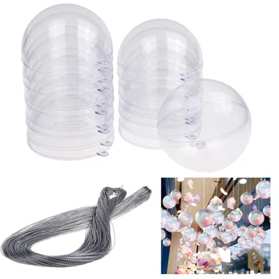 10x durchsichtige Plastikkugeln zum Befüllen, 80 mm, mit Silberdraht