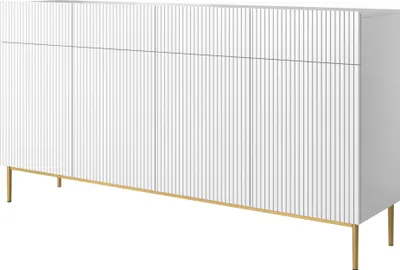 A white sideboard with a fluted front and gold legs, shown against a white background.