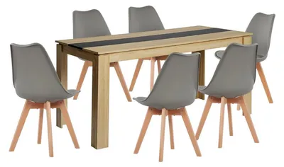 Image de Ensemble de salle à manger comprenant une table rectangulaire en chêne et noir, avec 6 chaises, dimensions : 160x80 cm, couleur : gris