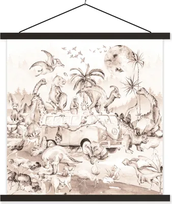 Produktbild von MuchoWow® Textilposter Dinosaurier - Bus - Kinder - Tiere - Bäume 120x120 cm mit schwarzem Rahmen - Aufhängungsset