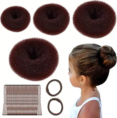 Produktbild von 4 Stück Donut Hair Bun Maker Set mit 2 elastischen Haarband, 30 U-Form Haarspange Haarnadel, Duttkissen, Dutt Maker für Kinder Mädchen Frauen (braun 2)