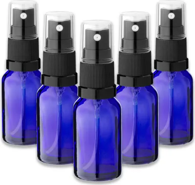 Produktbild von 5x Blaue Glasflasche 15 ml mit schwarzem Zerstäuber Sprükopf Pumpspray
