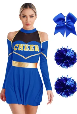 A woman modeling a blue cheerleader costume with gold accents, accompanied by a blue bow and two blue pom-poms.