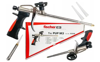 A collage of a foam dispensing gun and its packaging.