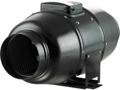 A black inline duct fan with a metal housing, featuring a mounting bracket and a connection box on top. The fan has a mesh-covered inlet.