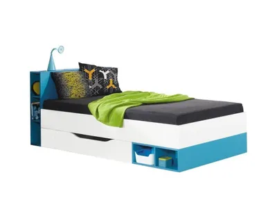 Produktbild von Furniture24 Bett Mit Federkernmatratze Mobi Mo18 90 X 200 Cm Kinderbett Jugendzimmerbett Mit Schublade Und Regalen Weiß/Türkis
