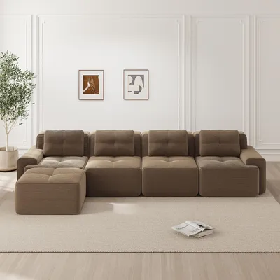 Immagine prodotto di Divano angolare senza braccioli, a forma di L, per 4 persone, rivestito in corda, con seduta profonda, senza necessità di montaggio, antiscivolo (marrone)